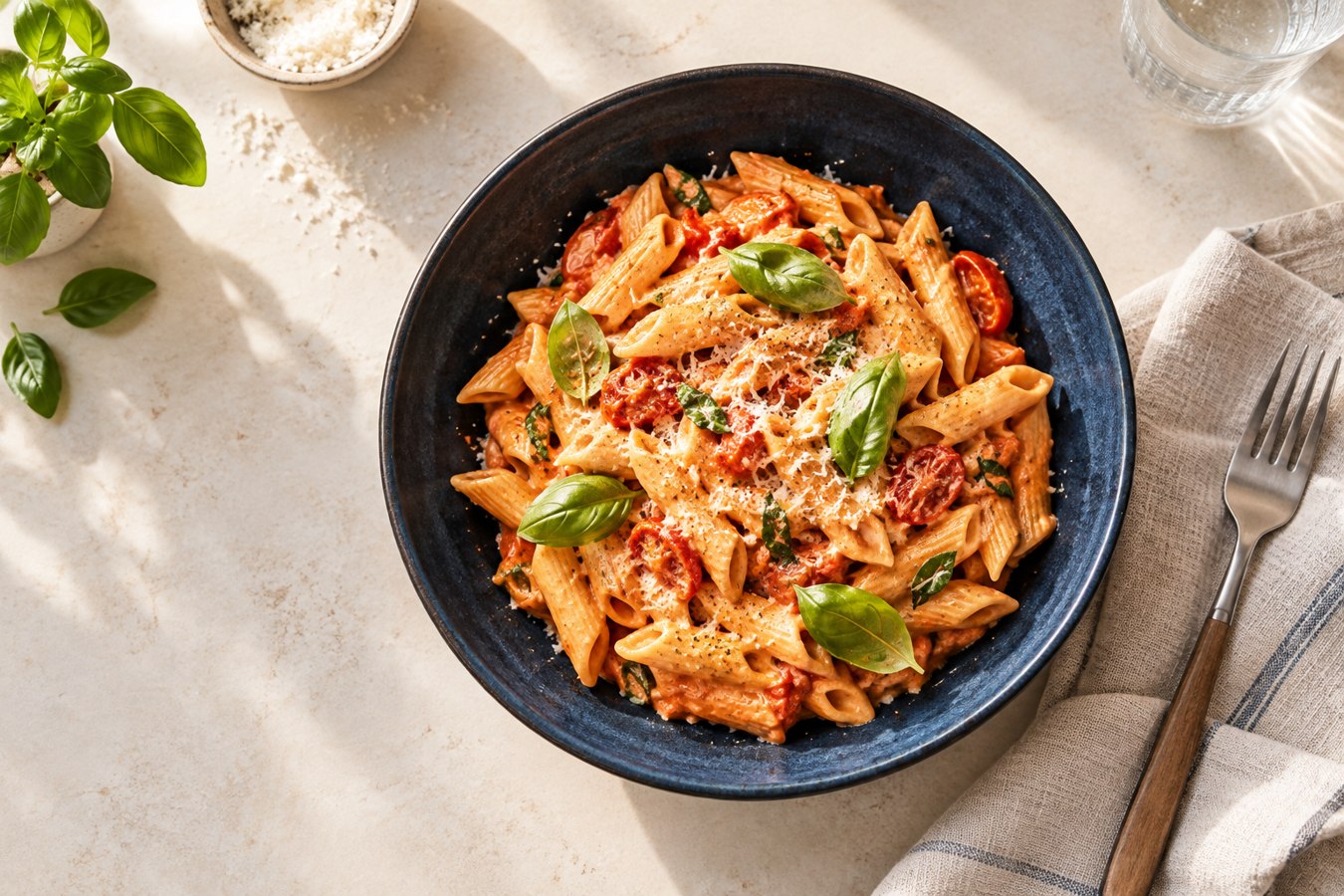 Krämig tomatpasta med basilika i en blå skål